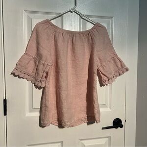 Chic Blush Linen Blouse with Lace Trim